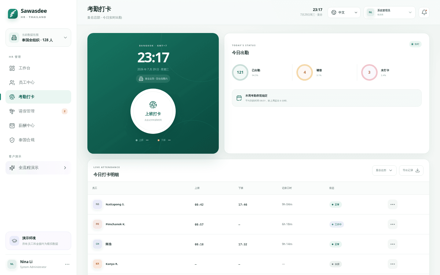 Sawasdee HR 系统 · 考勤打卡