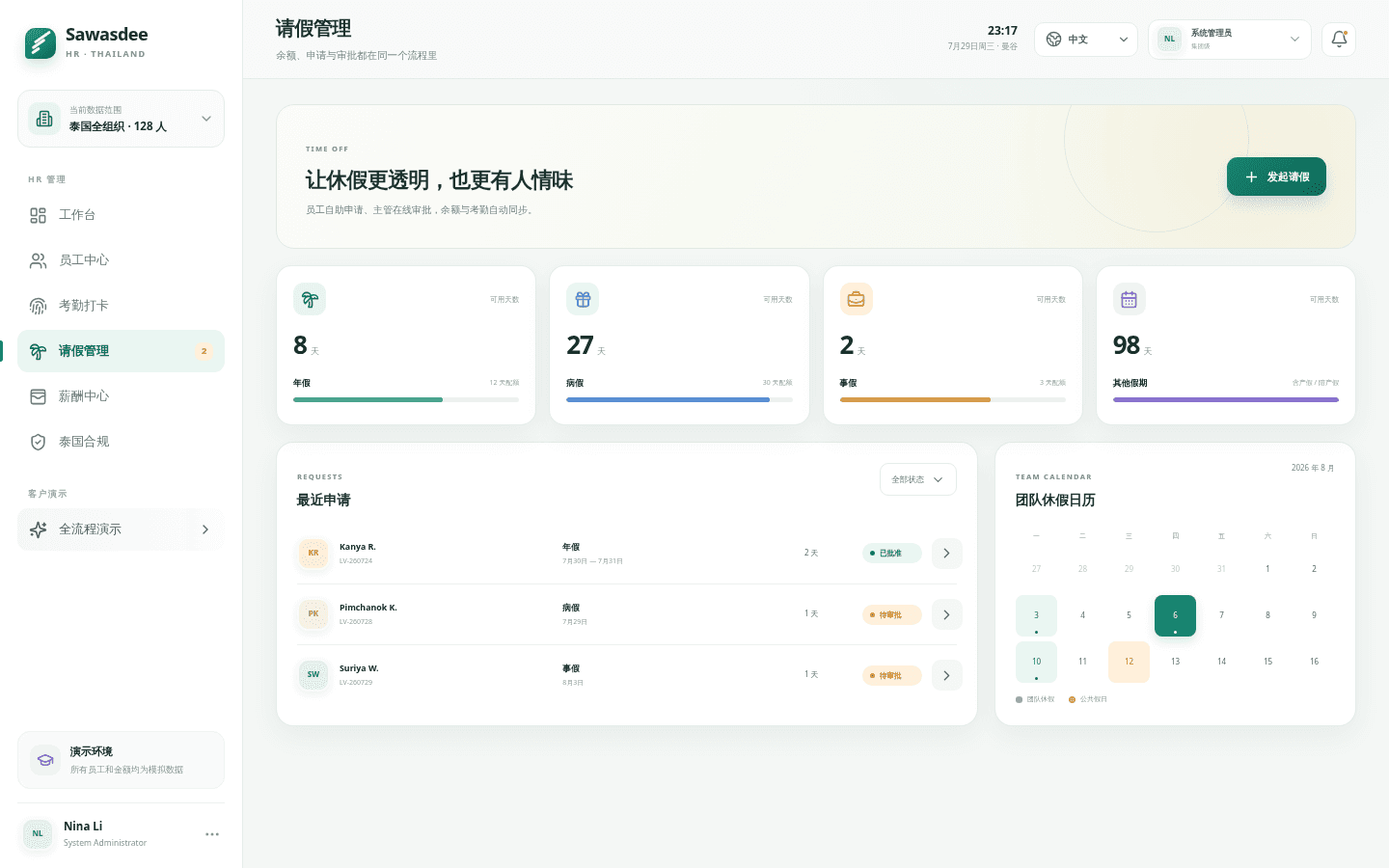 Sawasdee HR 系统 · 请假管理