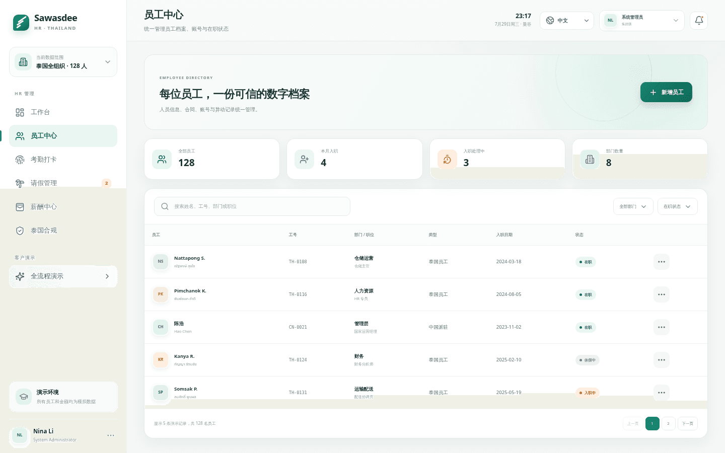Sawasdee HR 系统 · 员工入职